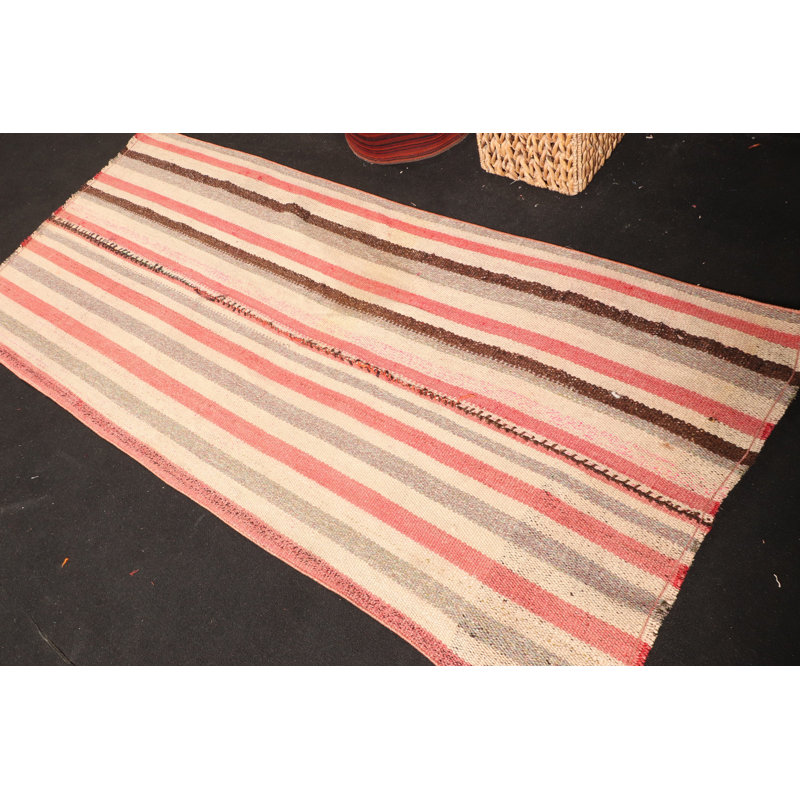 Kilim turc fabriqué à la main avec des rayures rétro, idéal pour un décor de style bohémien comme tapis décoratif