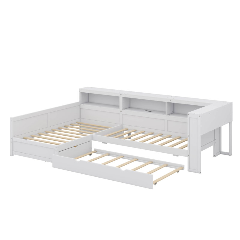 Structure de lit simple en L avec lit gigogne et tiroir simple, Blanc