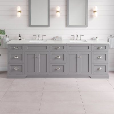 Didomenico Meuble-lavabo double gris avec comptoir en quartz de Carrare et lavabos en porcelaine encastrés