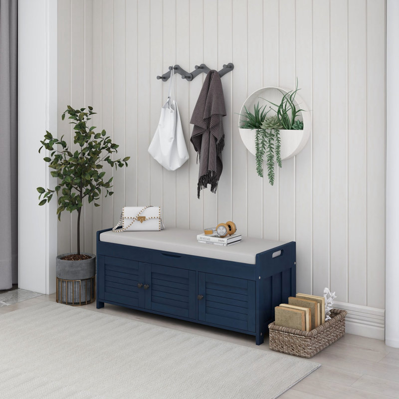 Wood Entryway Storage Bench with 3 Shutter-shaped Doors, Antique Navy