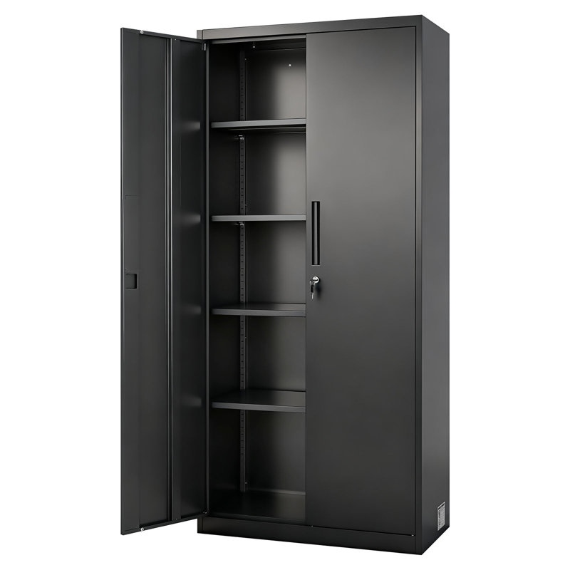 Metal Storage Cabinet, 68.9 in Lockable Steel Garage Cabinet with 4 Adjustable Shelves, 2 Magnetic Doors, 2 Keys, 5 Tiers Tool Storage for Pantry, Warehouse, Basement, Laundry, Office, Black