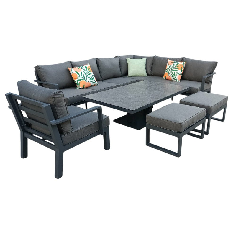 Aluminium 9 Seater Corner Sofa Rising Table Set With Armchair And Stool