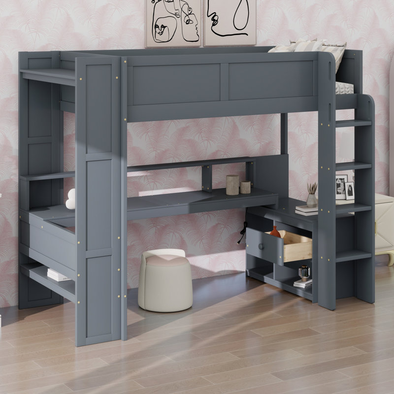 Lit mezzanine moderne pour les adolescents avec bureau, tablettes multiples, DEL et station de charge