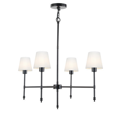 Brava 4 Light Iron Frame Chandelier In Matte Black With Linen Shade