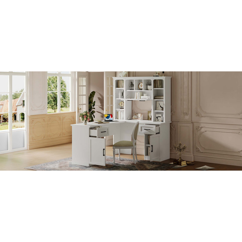 Bureau d'ordinateur en L avec 2 armoires et 2 tiroirs, Blanc