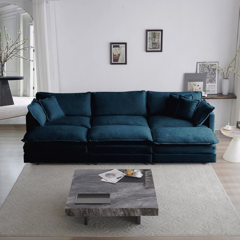 Canapé modulaire confortable modulaire réversible à assise profonde et confortable à 6 places avec 3 repose-pieds, 3 coussins décoratifs et 2 coussins, chenille bleue