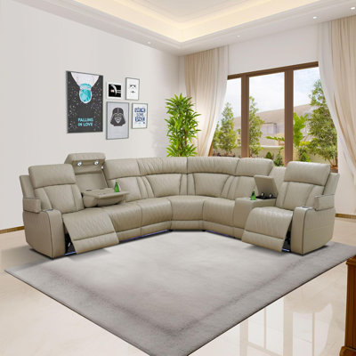 Beige Breathing Leather 3-Piece Living Room Recliner Sectional