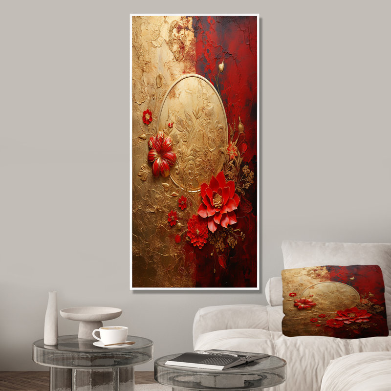 «God and Red Floral Japanese Tiles II» - art mural botanique, Cadre flottant blanc, H 60 po x l 28 po x P 1,5 po