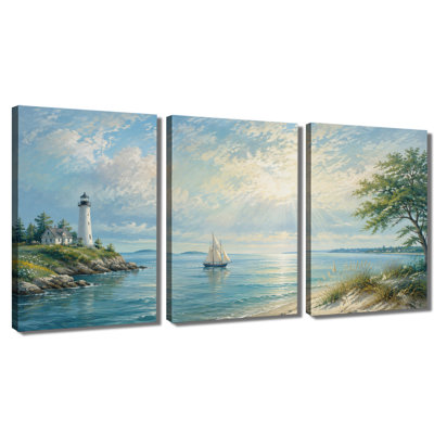 3 panneaux d'art mural, reproduction de peinture à l'huile sur toile voilier phare côtier
