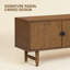 Meuble télé en bois massif de 63,5 po pour téléviseur de 75 po ou moins Bloom, console multimédia à 4 portes avec façade radiale sculptée à la main, meuble décoratif sculptural pour espace de vie, assemblage sans effort, aspect teck-1954086987