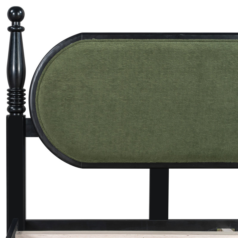 King Bed Frame, Solid Wood Platform With Slats, Modern Green & Black Bedroom Furniture