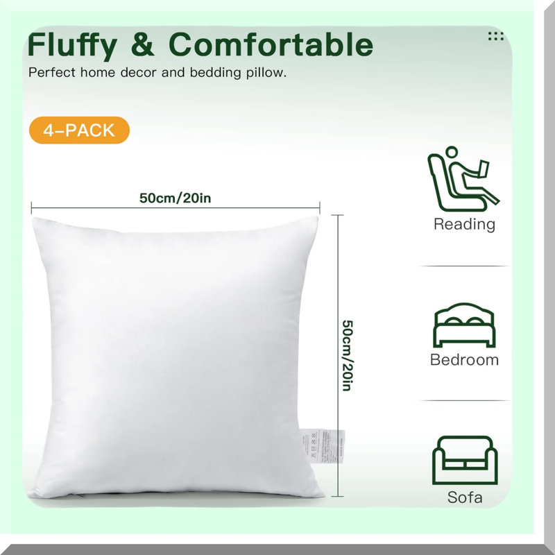 FluffPlump Square Pillow Inserts - Pack of 4 Soft Cushion Pads for Decorative Pillows - Inner Stuffer for Fluffy & Plump Cushions