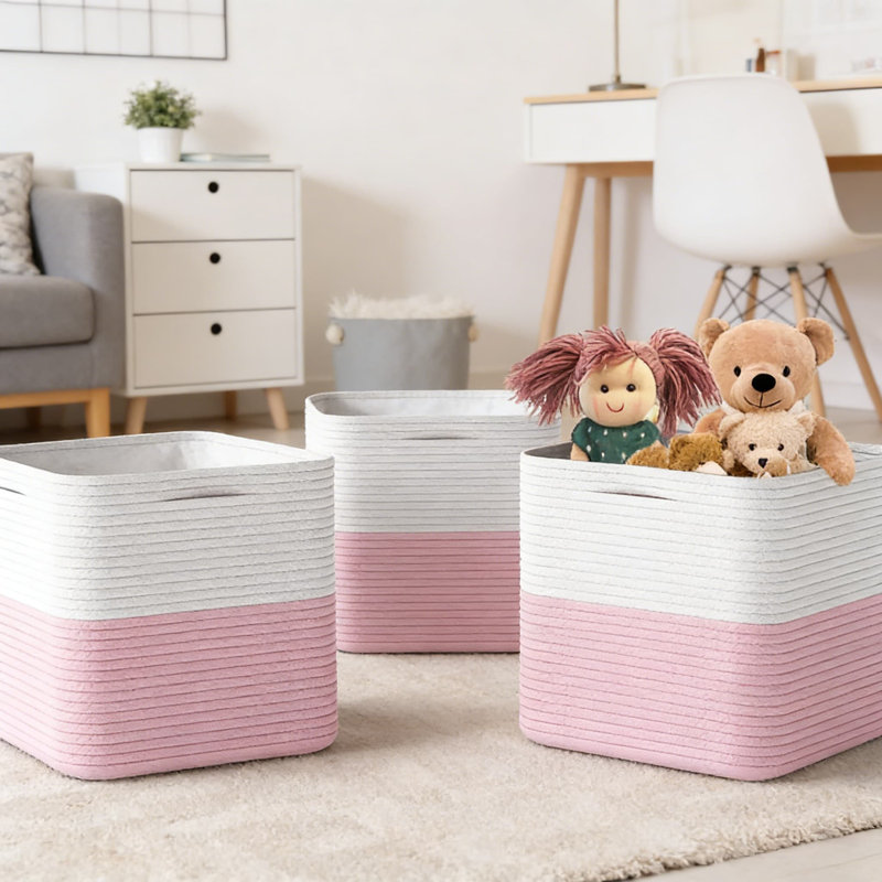 Woven Cotton Rope Storage Baskets With Handles, 11 Inch Decorative Organizer Cubes For Toys, Blankets, Clothes, And Home Organization