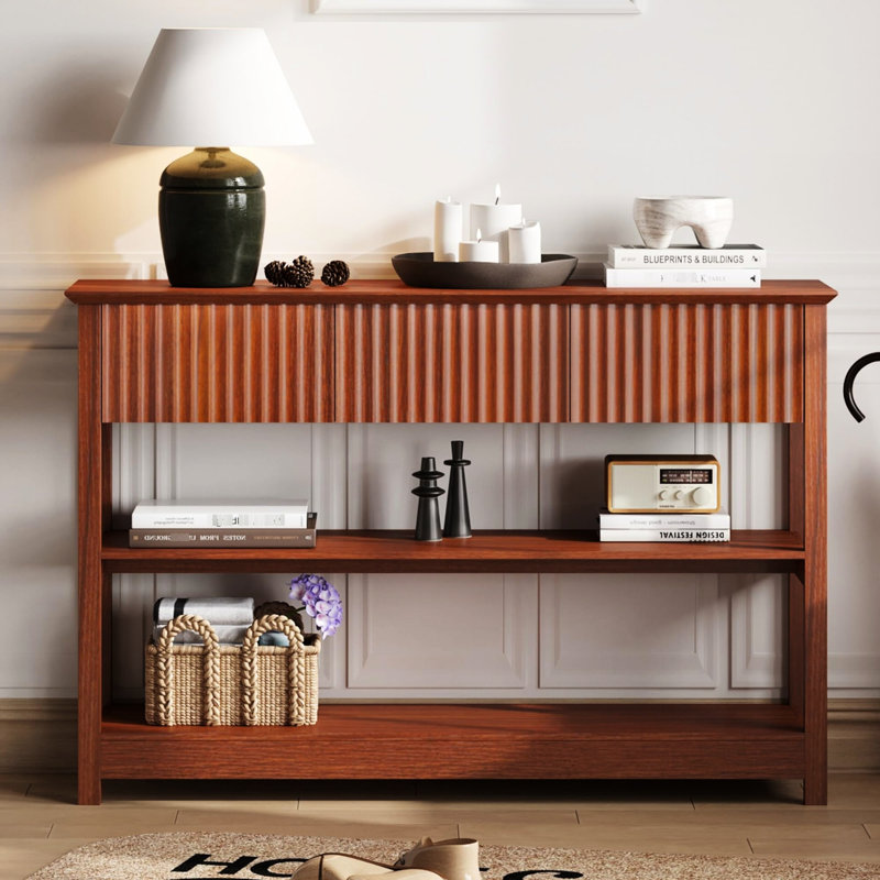 Élégant rangement cannelé pour hall d'entrée avec trois tiroirs d'une profondeur de 48,15 po, table d'apparence minimaliste moderne d'une largeur de 12,01 po, couleur brune