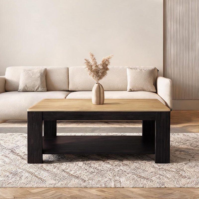 Table basse ouverte avec rangement, bois d'ingénierie rectangulaire noir profond, design rectangulaire moderne pour le salon