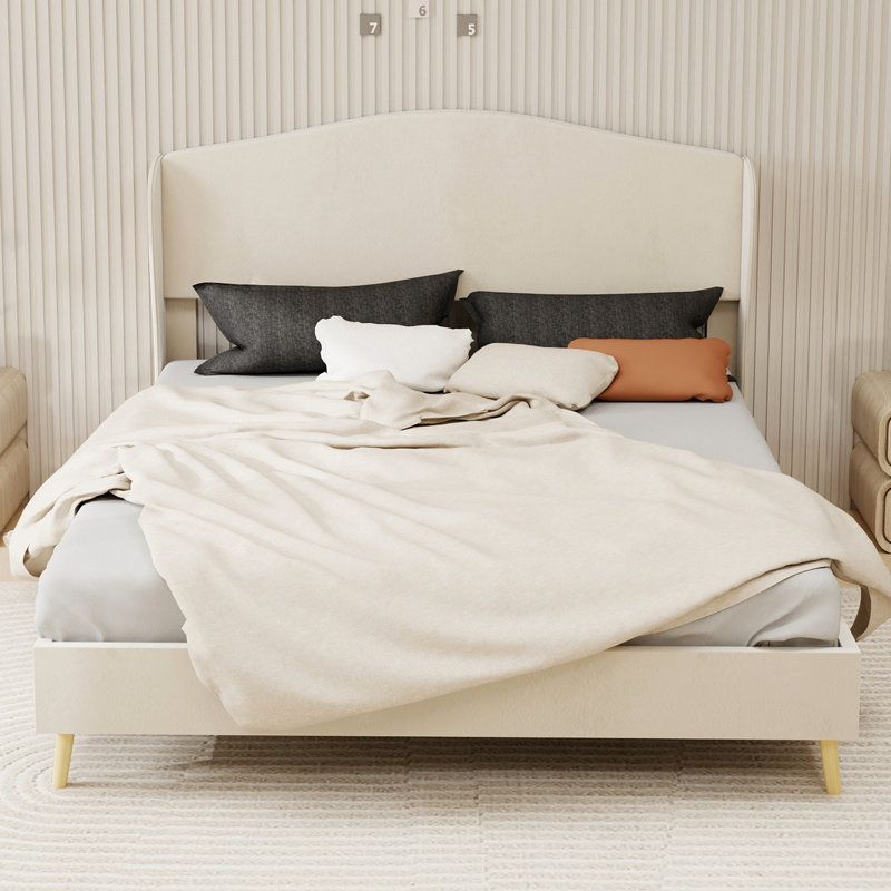 Structure de lit tapissier en velours beige de grande taille, conception stable, tête de lit pour un lit d'ambiance confortable, design bruyant - ajoute de l'élégance