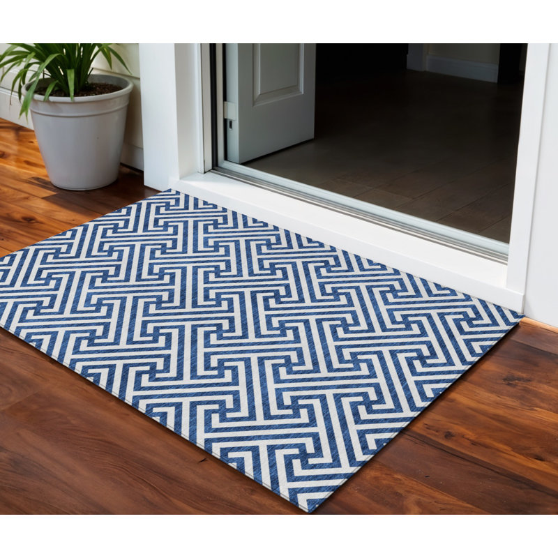 Tapis intérieur / extérieur bleu et ivoire à motif géométrique lavable, Rectangulaire 3 pi x 5 pi