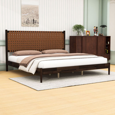 Wood Platform Bed with Woven Vegan Leather Headboard