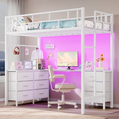 Twin Size Loft Bed with L-Shaped Desk and 9 Storage Drawers, Metal Loft Bed With Led Lights & Charging Sation, 13" H Safety Guard & Ladder, No Box Spring Needed, White