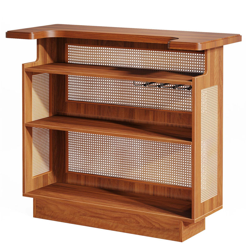 47.24 Inches Farmhouse Caramel Brown Rattan Home Bar Unit, 4-Tier Liquor Cabinet With Stemware Racks For Living Room