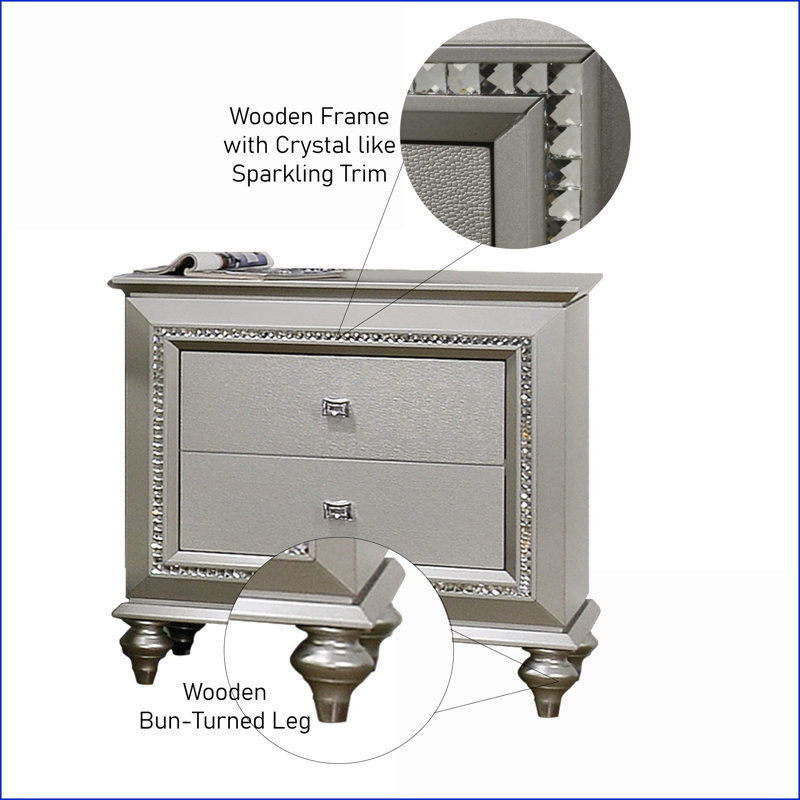 Table de chevet champagne avec 2 tiroirs & amp; Garniture scintillante