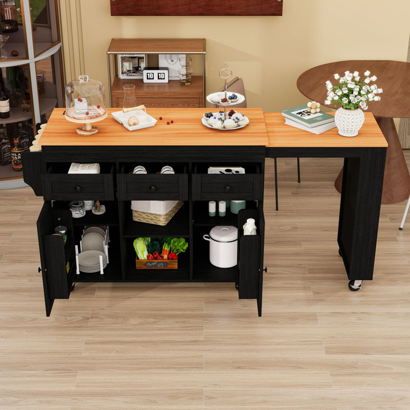 Rolling Expandable Kitchen Island with Dining Table, Storage Shelves, Power Outlet and 3 Drawers, Black
