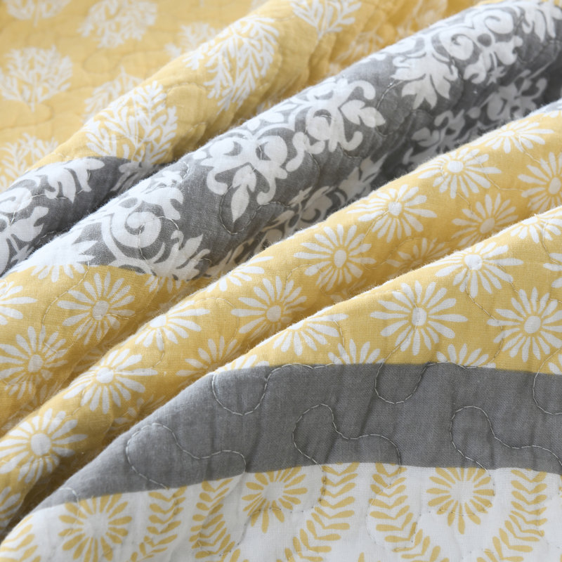 Ensembles de courtepointe 100% coton 98 po x 106 po DDUOXIN - 1 courtepointe avec 2 taies décoratives, Jaune/gris