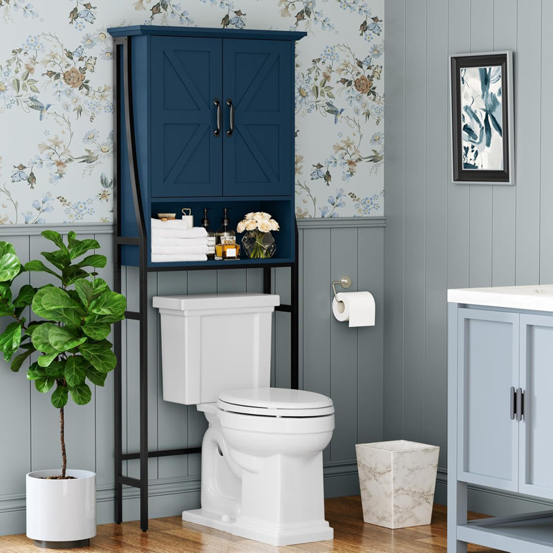 Over The Toilet Storage Cabinet With Doors And Open Shelf - Space Saving Bathroom Organizer For Toiletries, Laundry, And More - Sturdy Frame With Adjustable Shelf And Levelers