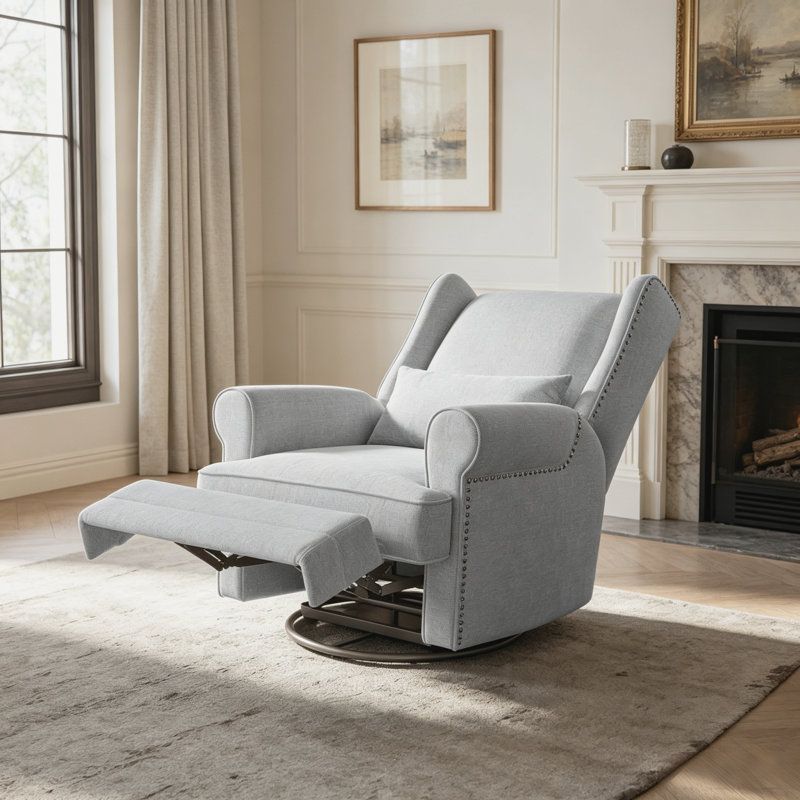 Fauteuil inclinable et oscillant rembourré gris clair avec coussin lombaire et repose-pieds pour chambre de bébé