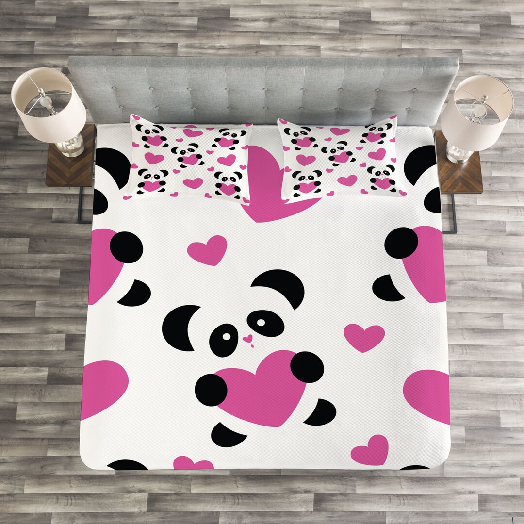 Gestepptes Bettdecken-Set, Love Pandas Herzen, Karikatur, Fuchsia Schwarz Weiß