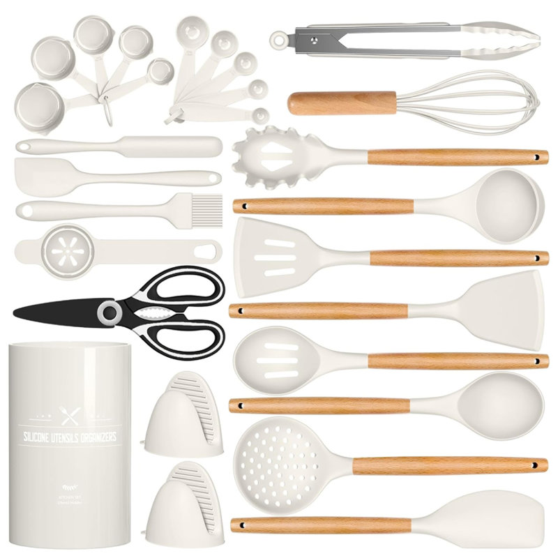 Ensemble 28 ustensiles de cuisine en silicone, résistant à la chaleur antiadhésif, lavable au lave-vaisselle, sans Bpa, blanc