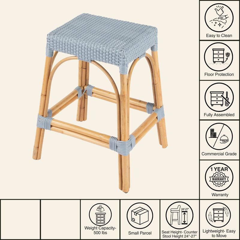 Robias Rattan Bar & Counter Stool, Baby Blue/ Natural Rattan Frame, Counter Stool (24.5" Seat Height)