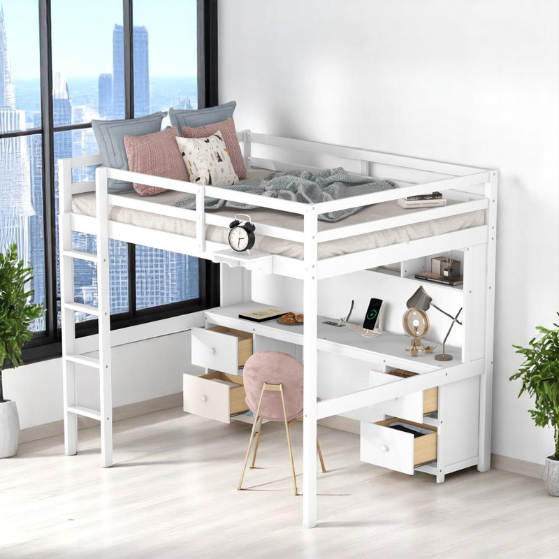 Loft Bed With Built-In Desk, Bookcase, Usb, Full Size, White