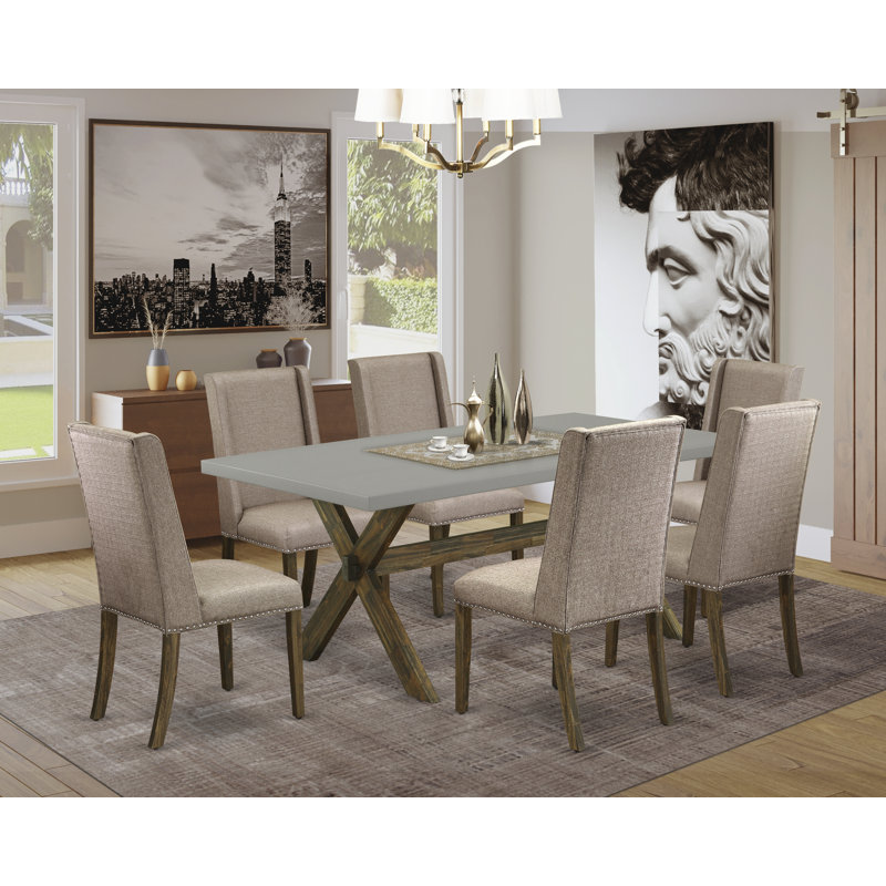 7 Piece Dining Table Set Consist of a Rectangle Kitchen Table with X-Legs and 6 Dark Khaki Linen Fabric Upholstered Chairs, Distressed Jacobean