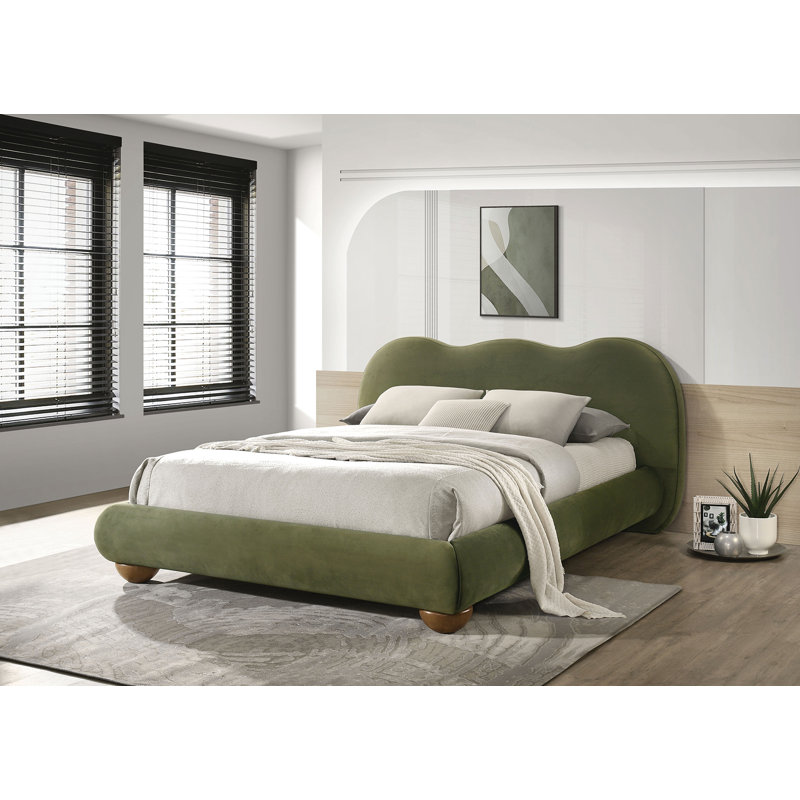Lit plateforme en bois avec tête de lit tapissier, Grand lit, Vert olive