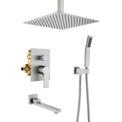 Système de douche de plafond de 12 pouces avec douchette à main à poignée simple Ensemble de garniture de douche en laiton moderne avec bec de baignoire