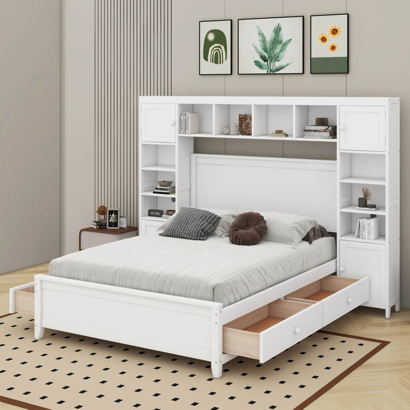 Lit double en bois avec armoire, Blanc