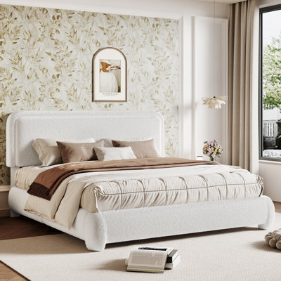 Boucle Bed Frame with Adjustable Headboard, Upholstered Bed Frame with Soft Rounded Corners, No Box Spring Needed/Easy Assembly/Noise Free