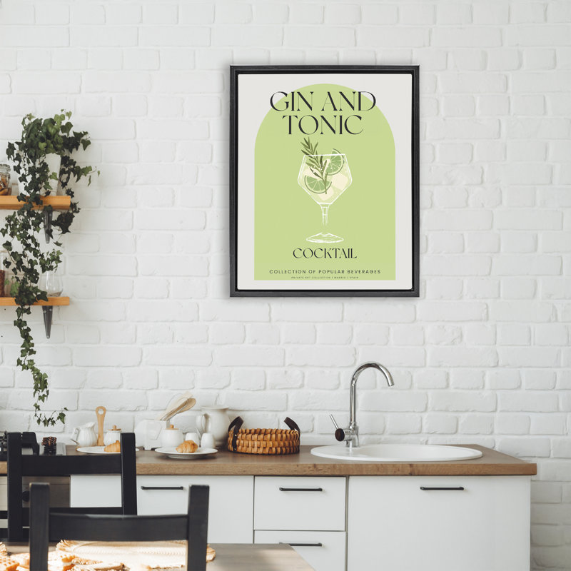 Élégant cadre flottant rétro gin et tonique, design par Lil 'Rue, Cadre flottant noir de jais, H 21 po x l 17 po