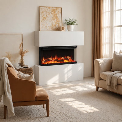 FLAMEKO Leura 3-Sided Panoramic View Electric Fireplace, 9 Colour LED Flame Effect, 1.8kW Heater with Remote, Logs & Crystals