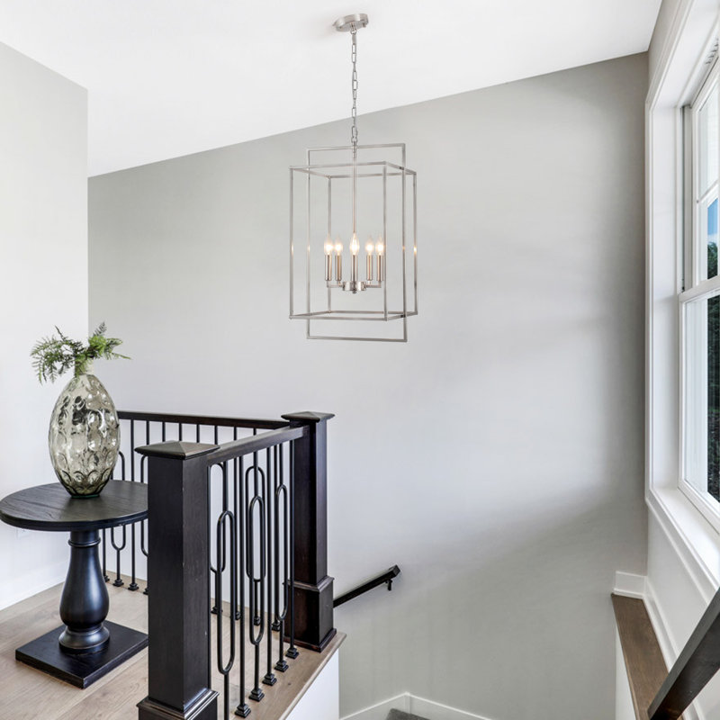 5 - Light Dimmable Lantern Square/Rectangle Chandelier, Brushed Nickel