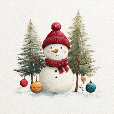 «Cheerful Snowman with Baubles», art mural sur toile tendue