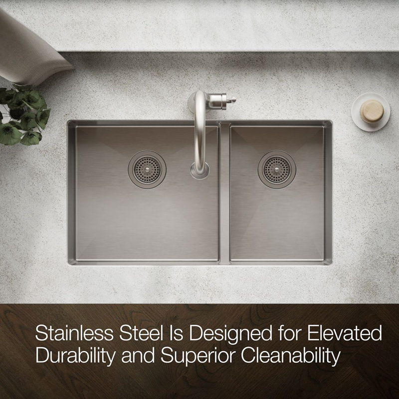 Strive 32" L x 18-5/16" W x 9-5/16" Smart Divide Under-Mount Large/Medium Double-Bowl Kitchen Sink with Basin Rack