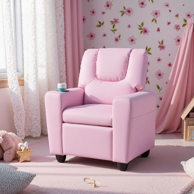 Fauteuil inclinable pour enfants avec porte-gobelet, dossier et repose-pieds réglables rose, Rose