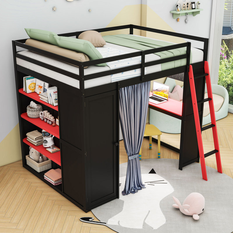 Lit mezzanine en bois avec garde-robe, tablettes et lumières RVB, Noir rouge