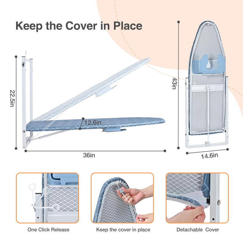Wall Mounted Ironing Board With Iron Holder, Compact Ironing Board For Small Spaces, Foldable Iron Stand Heat Resistant Cover, Blue