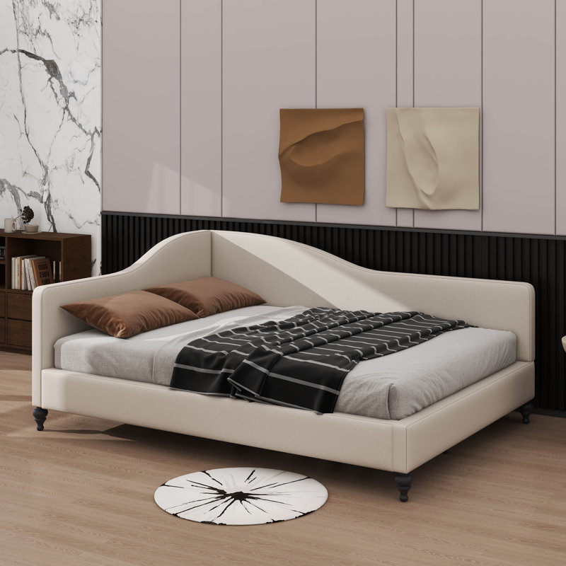 Stylish L-Shaped Flax Daybed On Sturdy Wooden Legs, White, Full