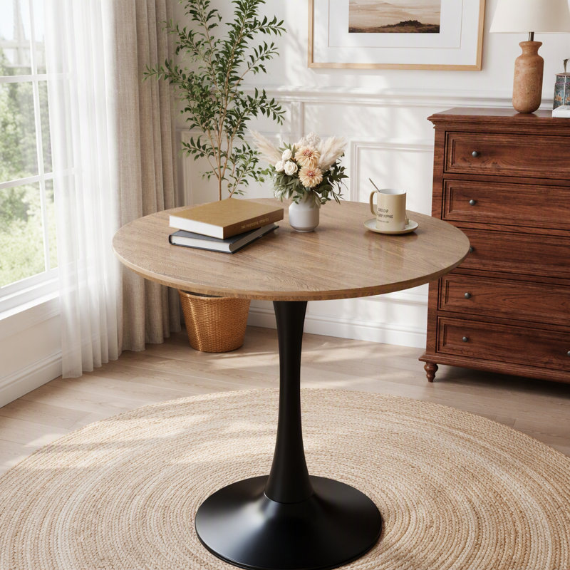 Table de salle à manger ronde avec base à piédestal, Walnut+black