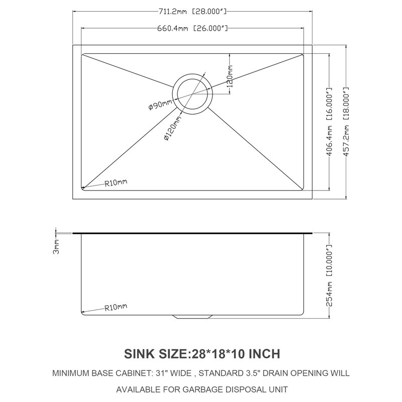 Gunmetal Black 28 X 18 Inch Undermount Single Bowl Kitchen Sink 16 Gauge 10 Deep, Sus304 Stainless, Hand - Crafted, Soundproof, Condensation Handcrafted,