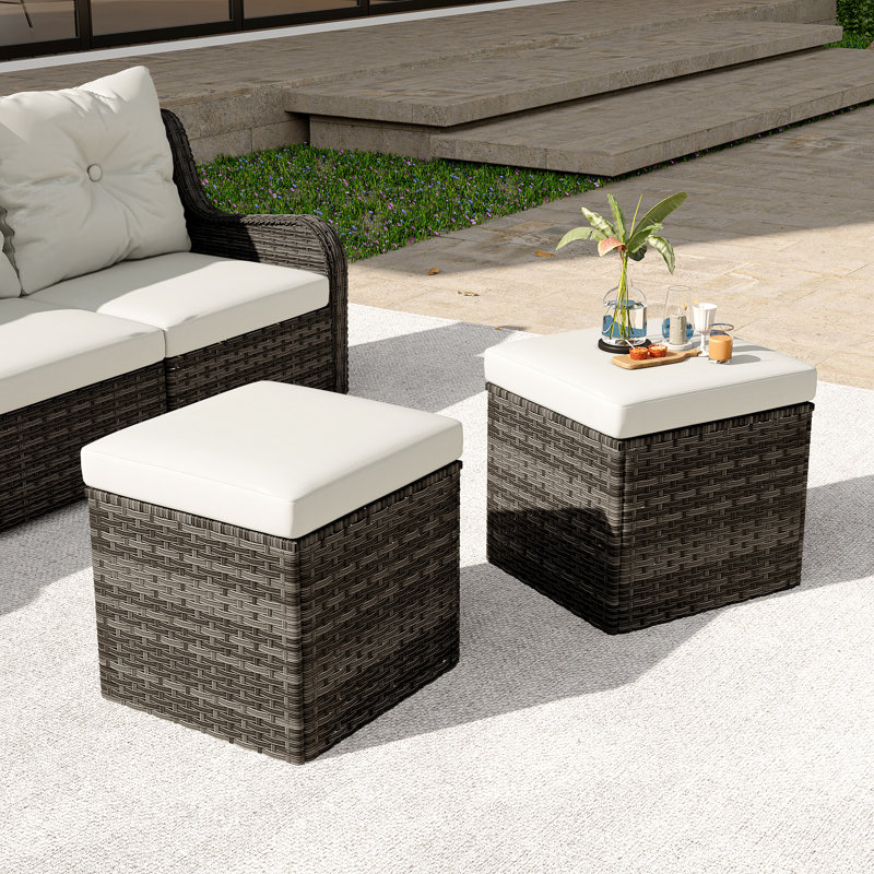 Repose-pieds de patio extérieur en osier PE Bellamy Stylish, Beige, Gris
